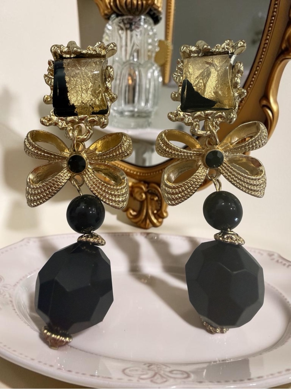 Gold Bow Black Bead Drop Earrings